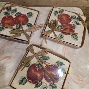 Set of 4 Apple Ceramic Coasters - Red & Green